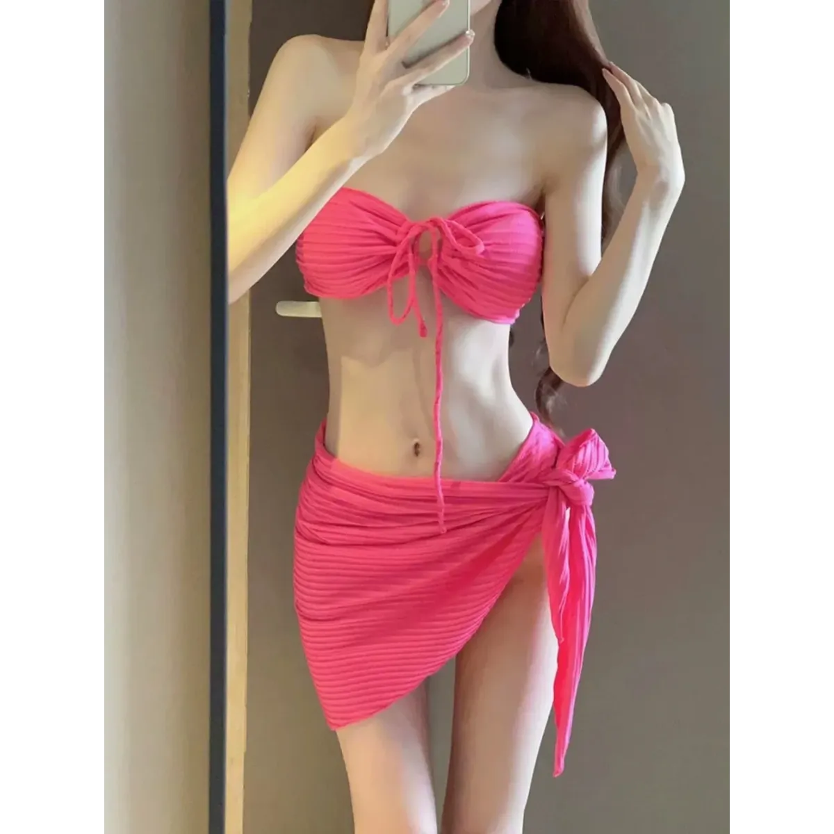 Mint Ribbed Halter Bikini Set – Ring Tie 3-Piece Swimsuit with Skirt