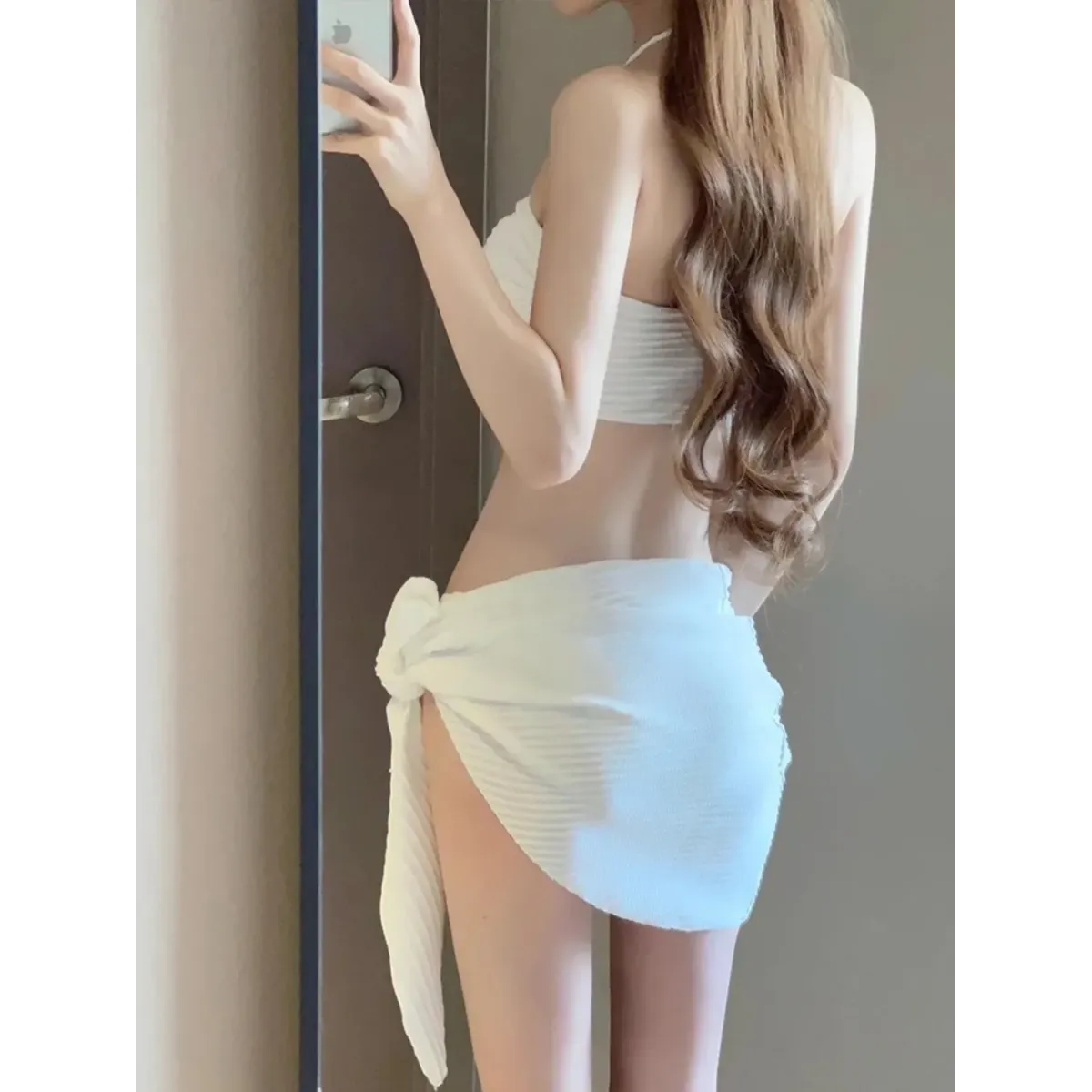 Mint Ribbed Halter Bikini Set – Ring Tie 3-Piece Swimsuit with Skirt