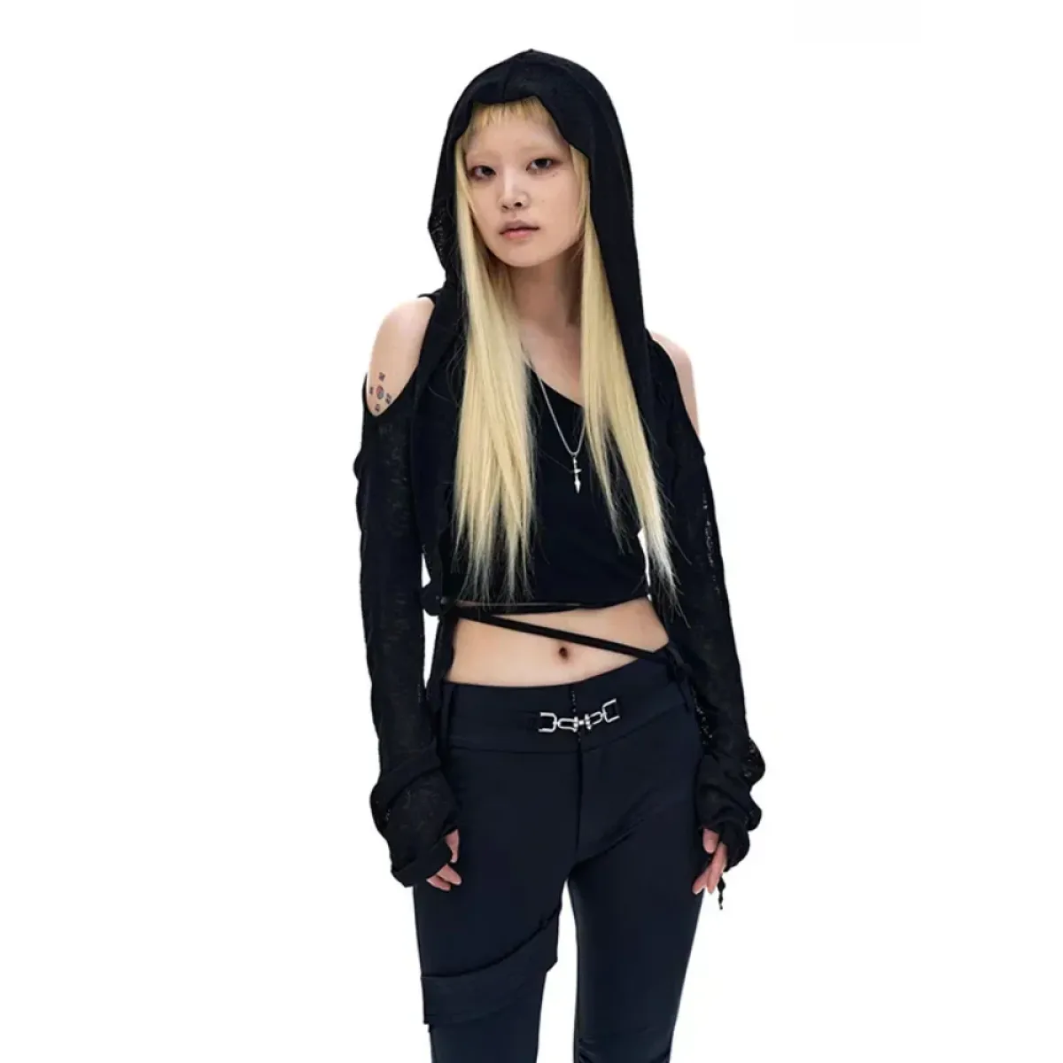 Modern Mystic Hooded Top โ Edgy Cutout Sleeves Pullover