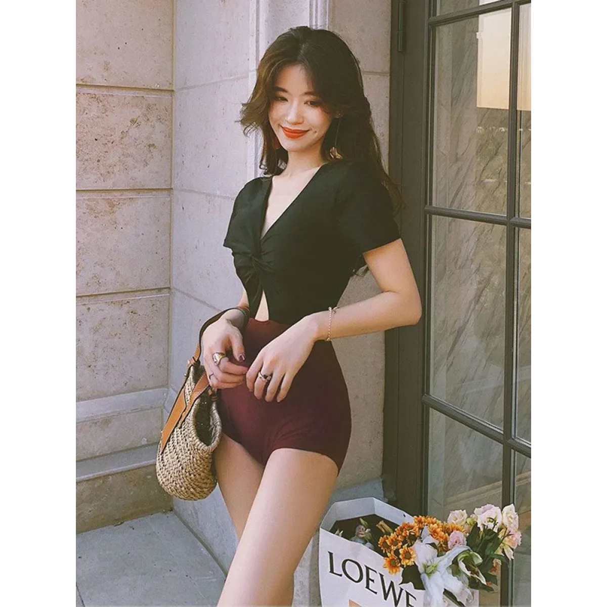 One-Piece Swimsuit – V-Neck Twist Front Cutout Design