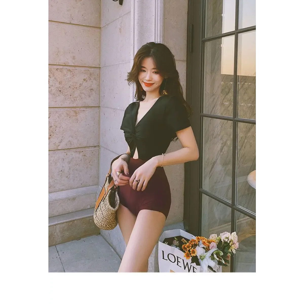 One-Piece Swimsuit – V-Neck Twist Front Cutout Design