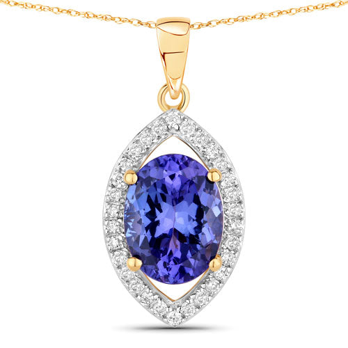 2.38 Carat Genuine Tanzanite and White Diamond 14K Yellow Gold Pendant