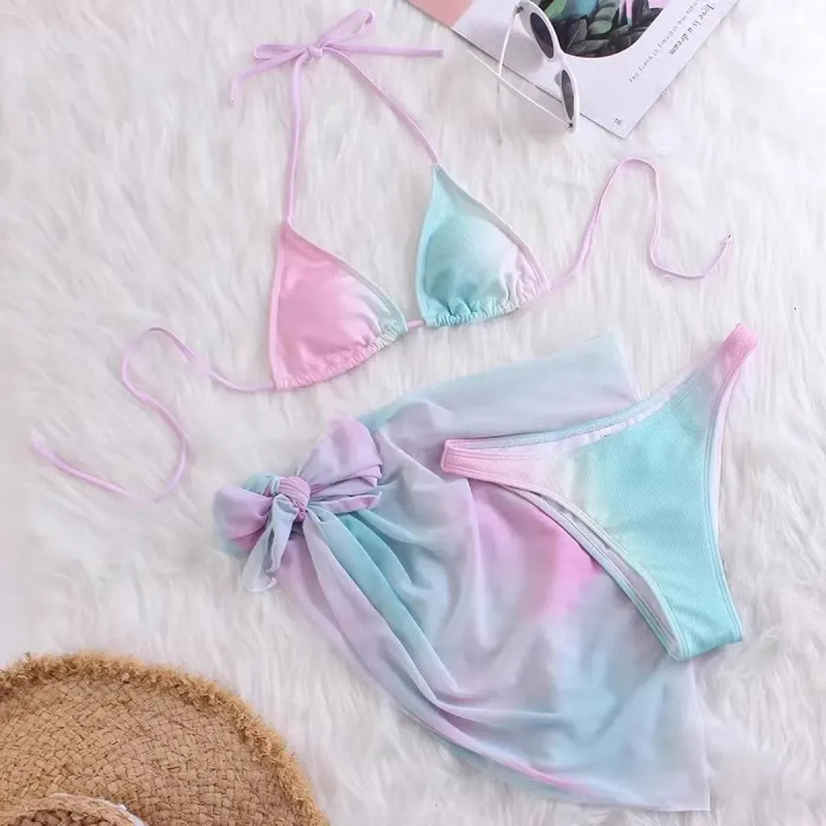 Pastel Gradient Halter Bikini Set – 3PC Korean Swimsuit with Mesh Skirt