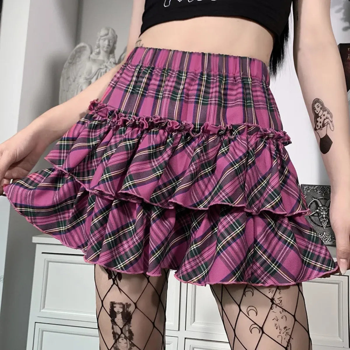 Japanese College Style Pink Plaid Skirt - High Waist Slim Goth
