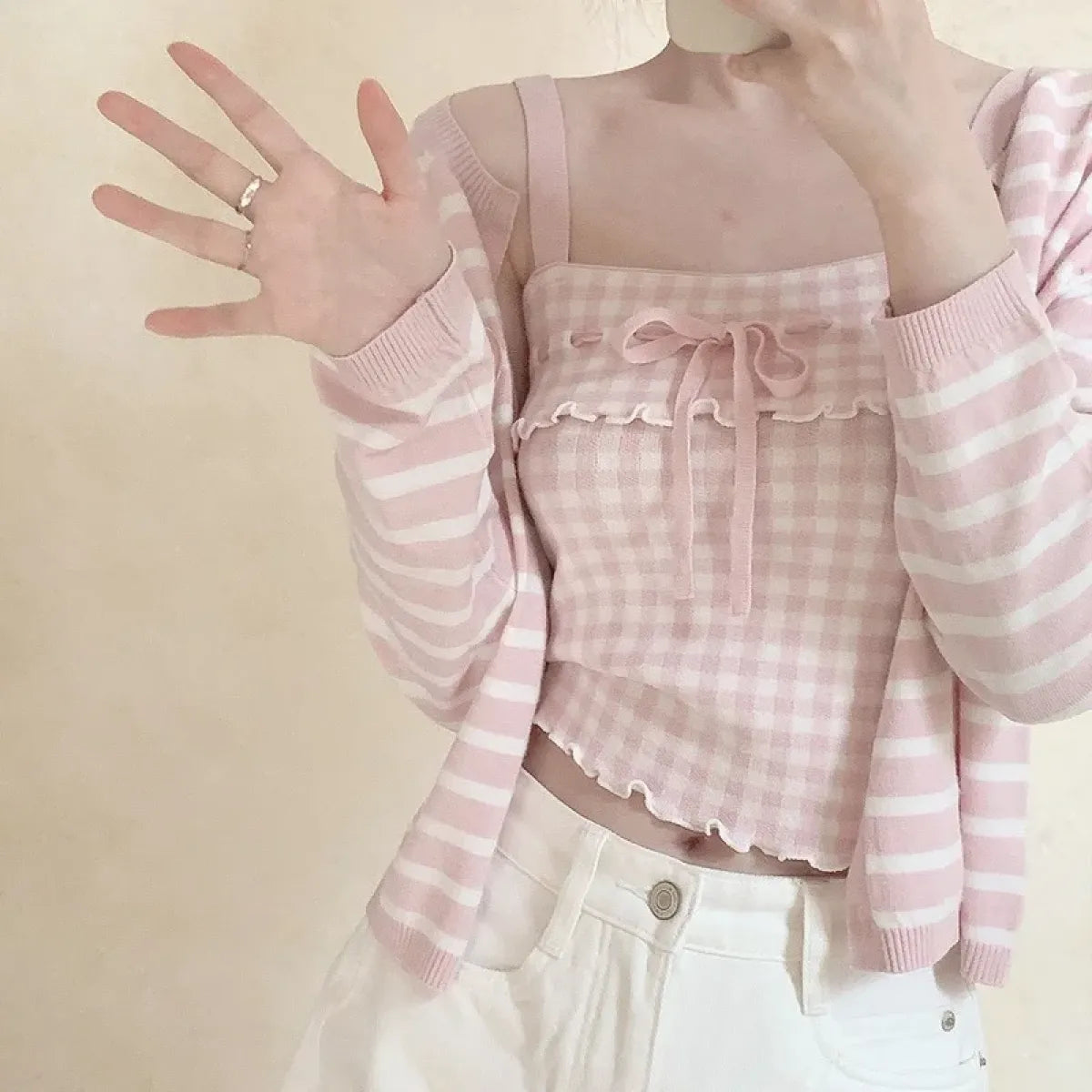 Pink Sweet Plaid Ribbon Crop Top