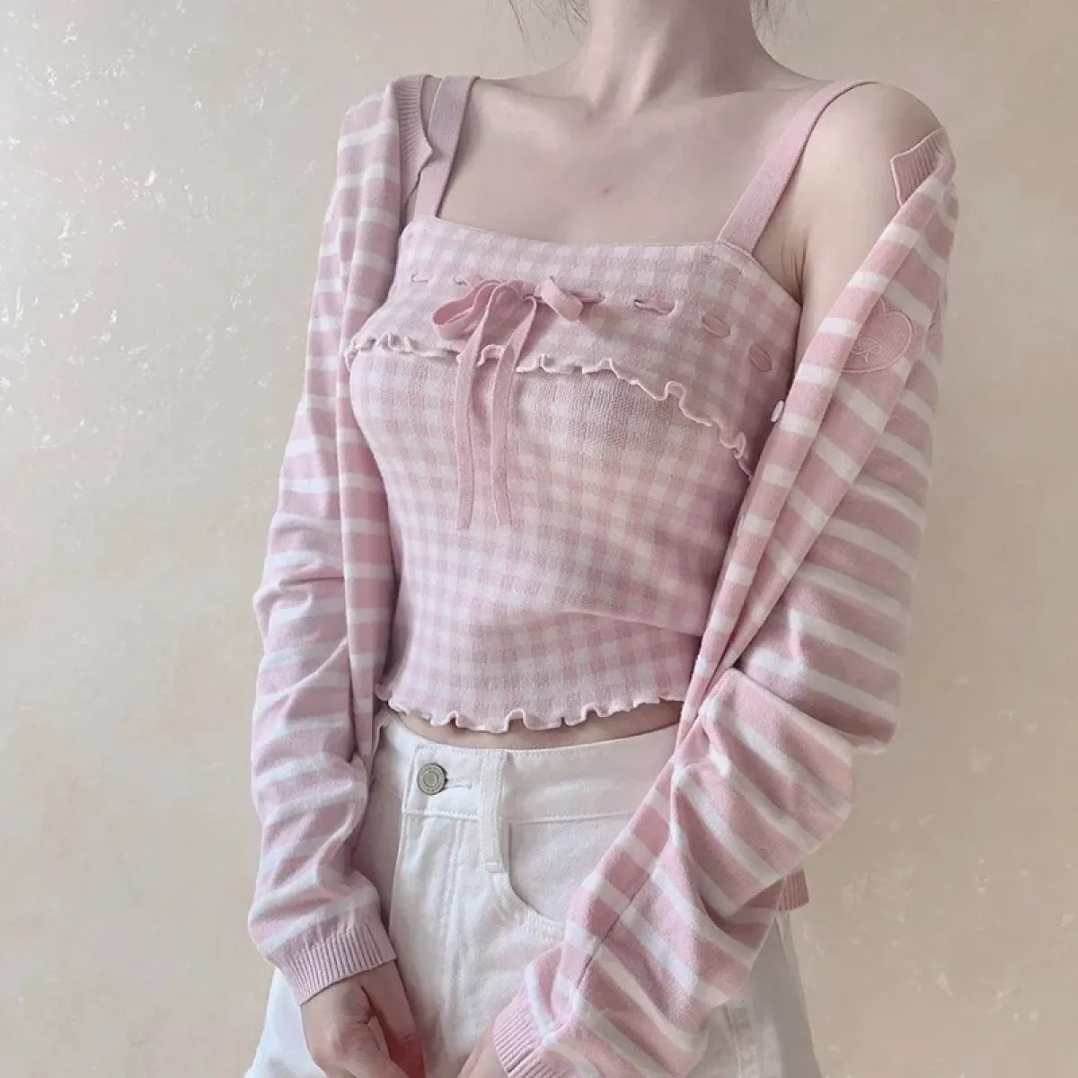 Pink Sweet Plaid Ribbon Crop Top