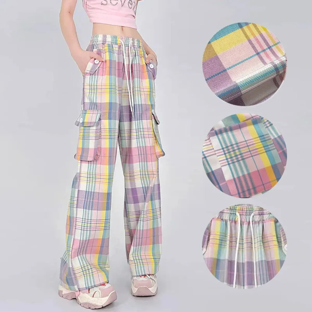 Pastel Plaid Cargo Pants – Y2K Harajuku Streetwear Aesthetic