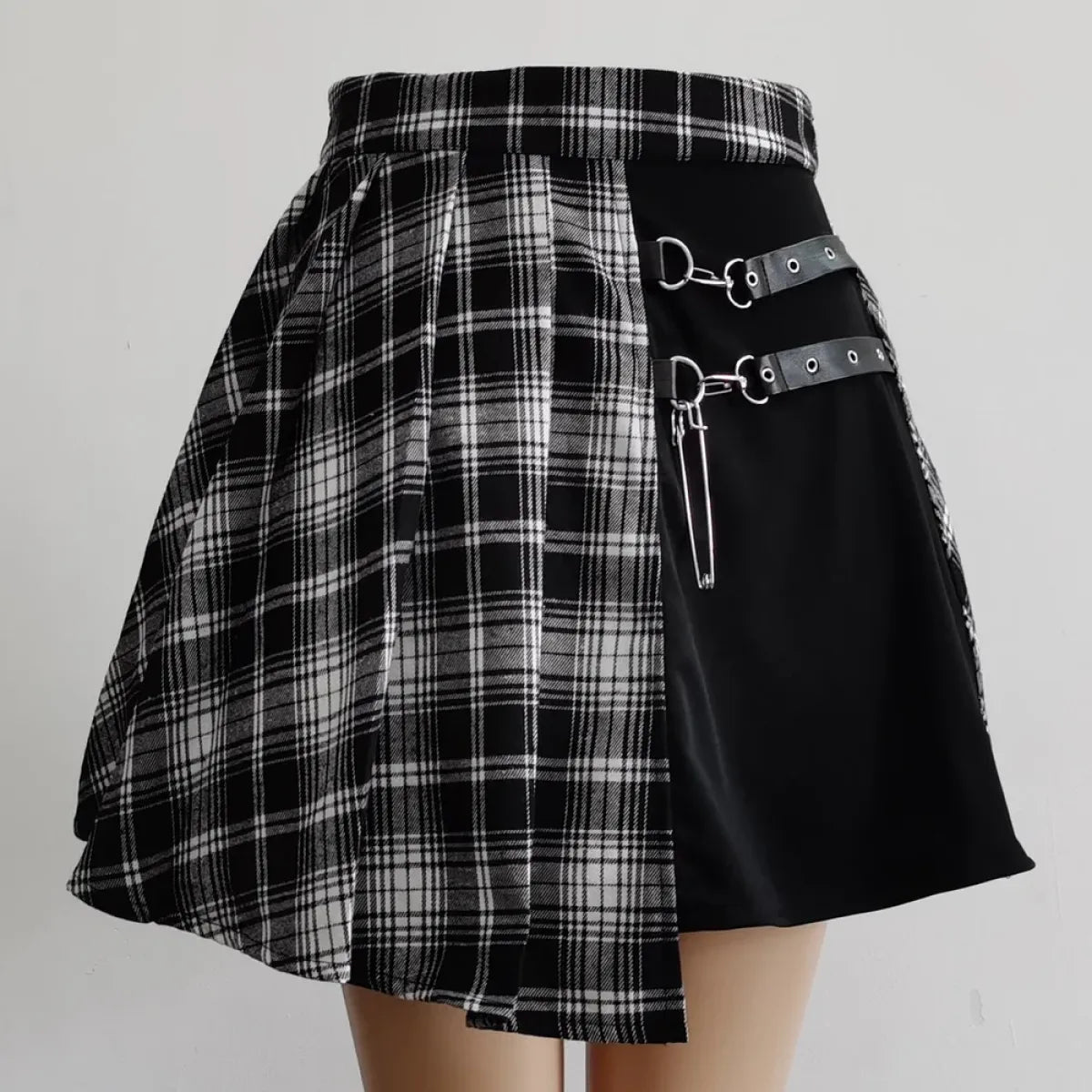 Plaid Gothic Pleated Mini Skirt – Punk Chains & Buckle Accent