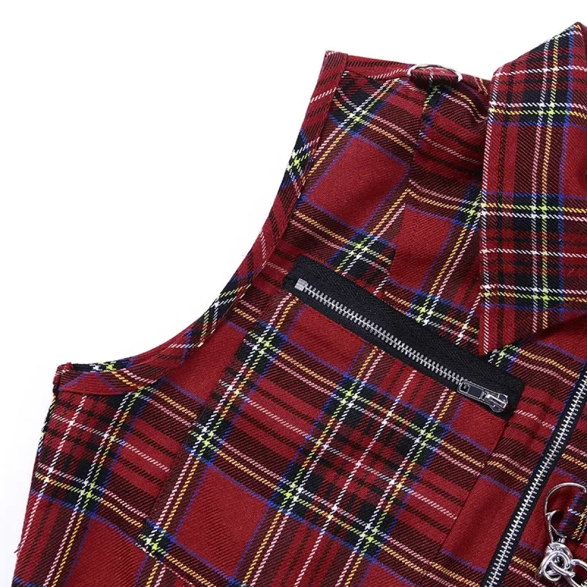 Plaid Punk Zipper Crop Top – Gothic Streetwear Chain Vest Top