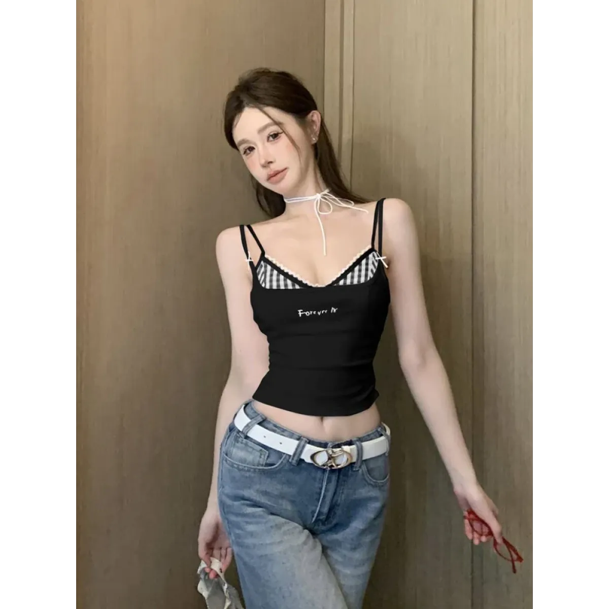 Plaid Y2K Layered Camisole – Retro Korean Aesthetic