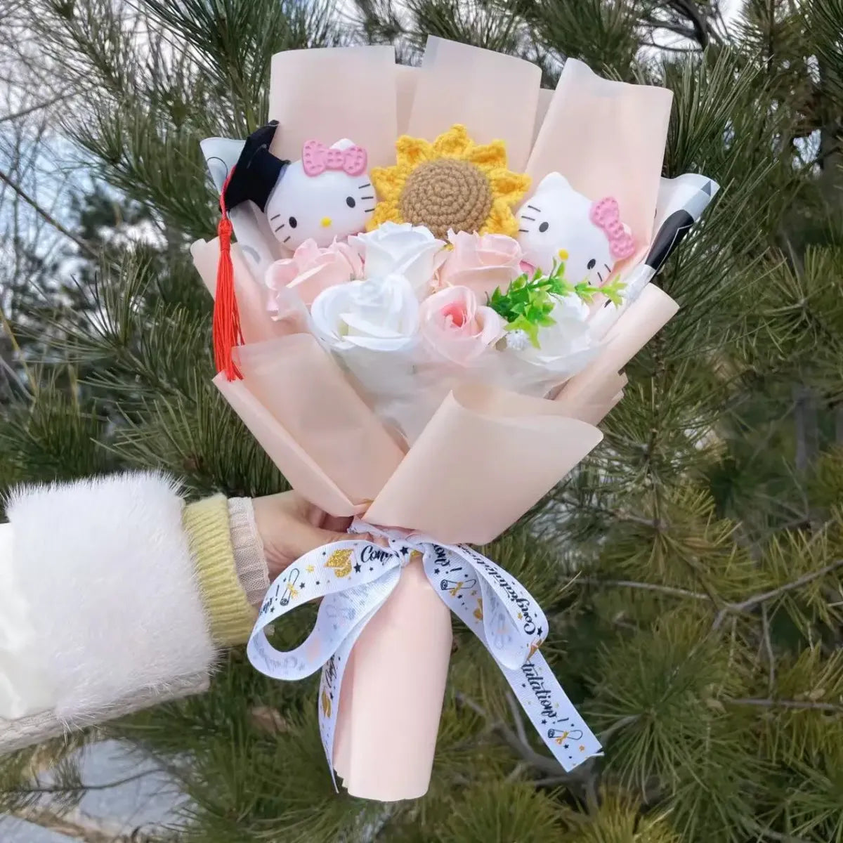 Kawaii Graduation Plush Bouquet – Cartoon Bear & Sunflower Gift Set