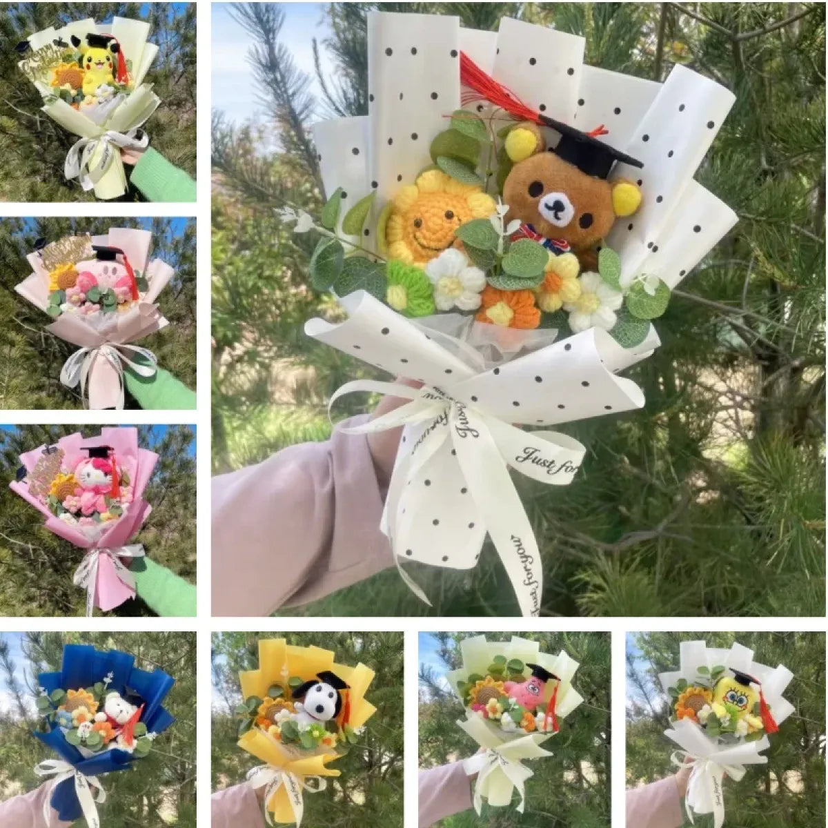 Kawaii Graduation Plush Bouquet – Cartoon Bear & Sunflower Gift Set