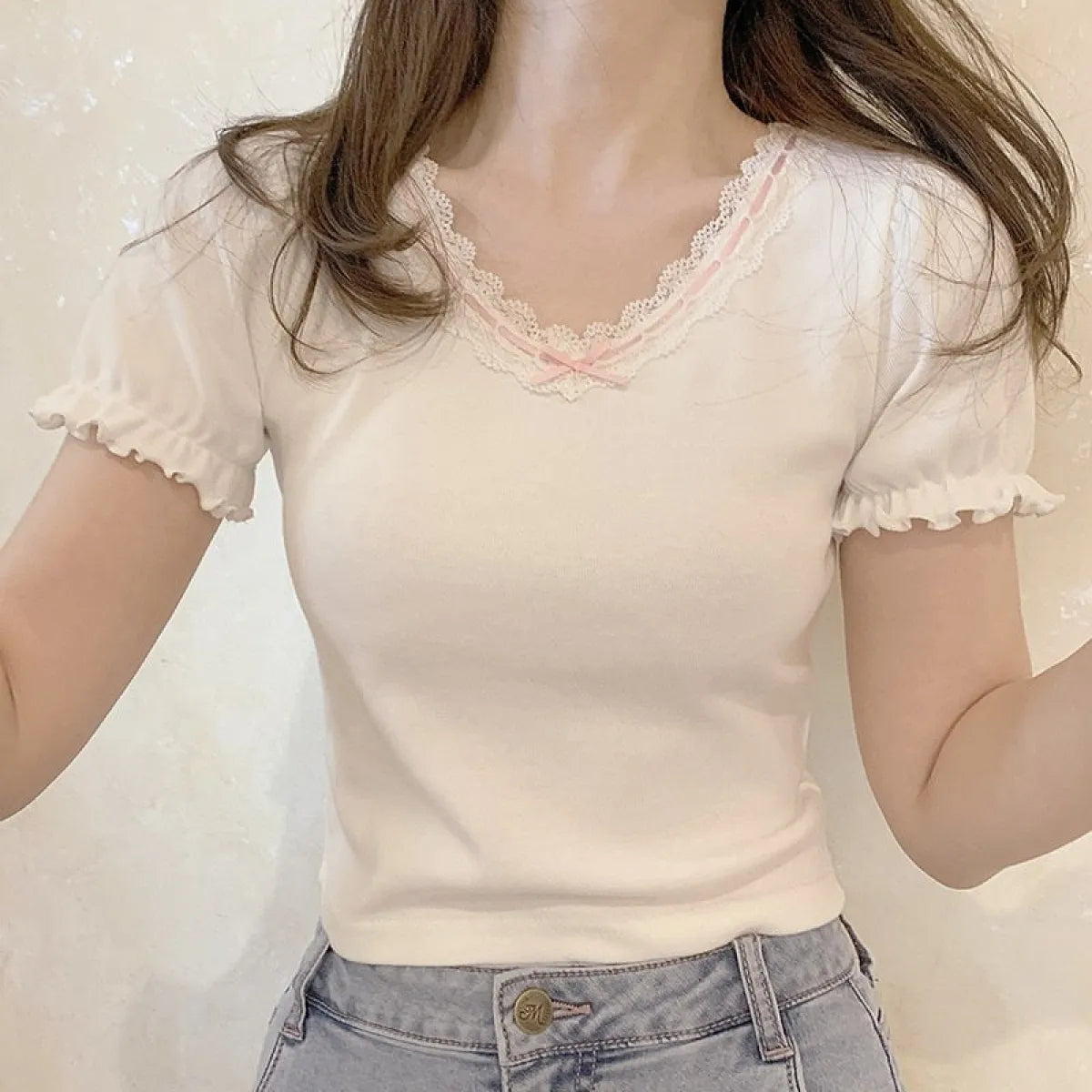 Ribbon Lace Trim Puff Sleeve T-Shirt