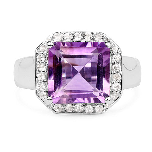 4.42 Carat Genuine Amethyst and White Topaz .925 Sterling Silver Ring