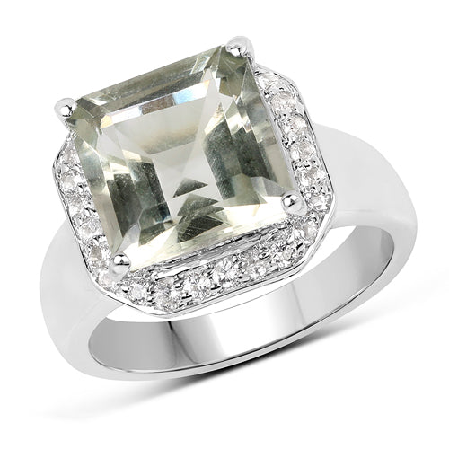 4.52 Carat Genuine Green Amethyst and White Topaz .925 Sterling Silver Ring