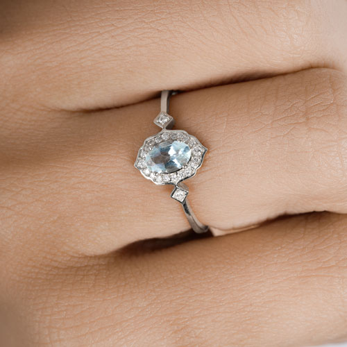 0.48 Carat Genuine Aquamarine and White Diamond 14K White Gold Ring