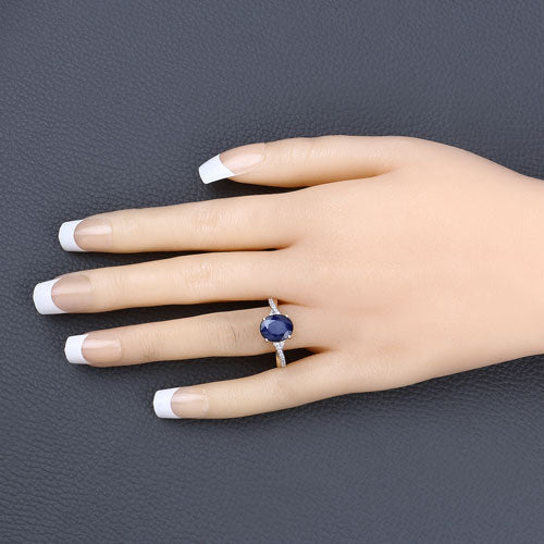 3.28 Carat Genuine Blue Sapphire and White Diamond 14K Yellow Gold Ring