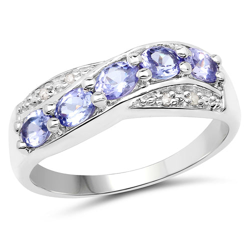 14K White Gold Plated 0.88 Carat Genuine Tanzanite and White Diamond .925 Sterling Silver Ring