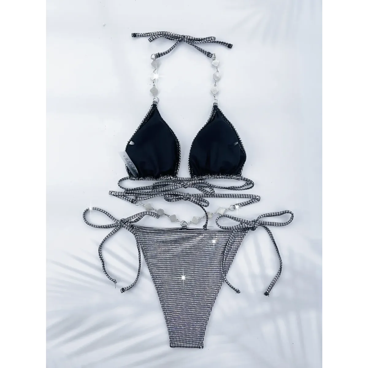 Rhinestone Halter Bikini Set – Glitter Tie Thong Swimwear