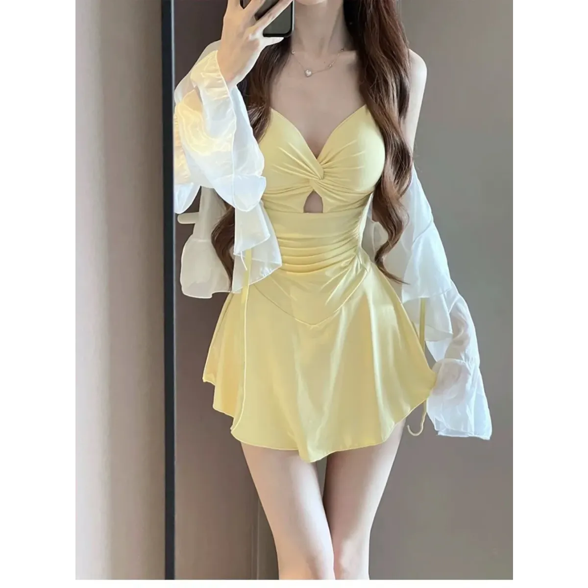 Ruched Knot Swimsuit Set – Korean Mini Dress with Sheer Cover-Up
