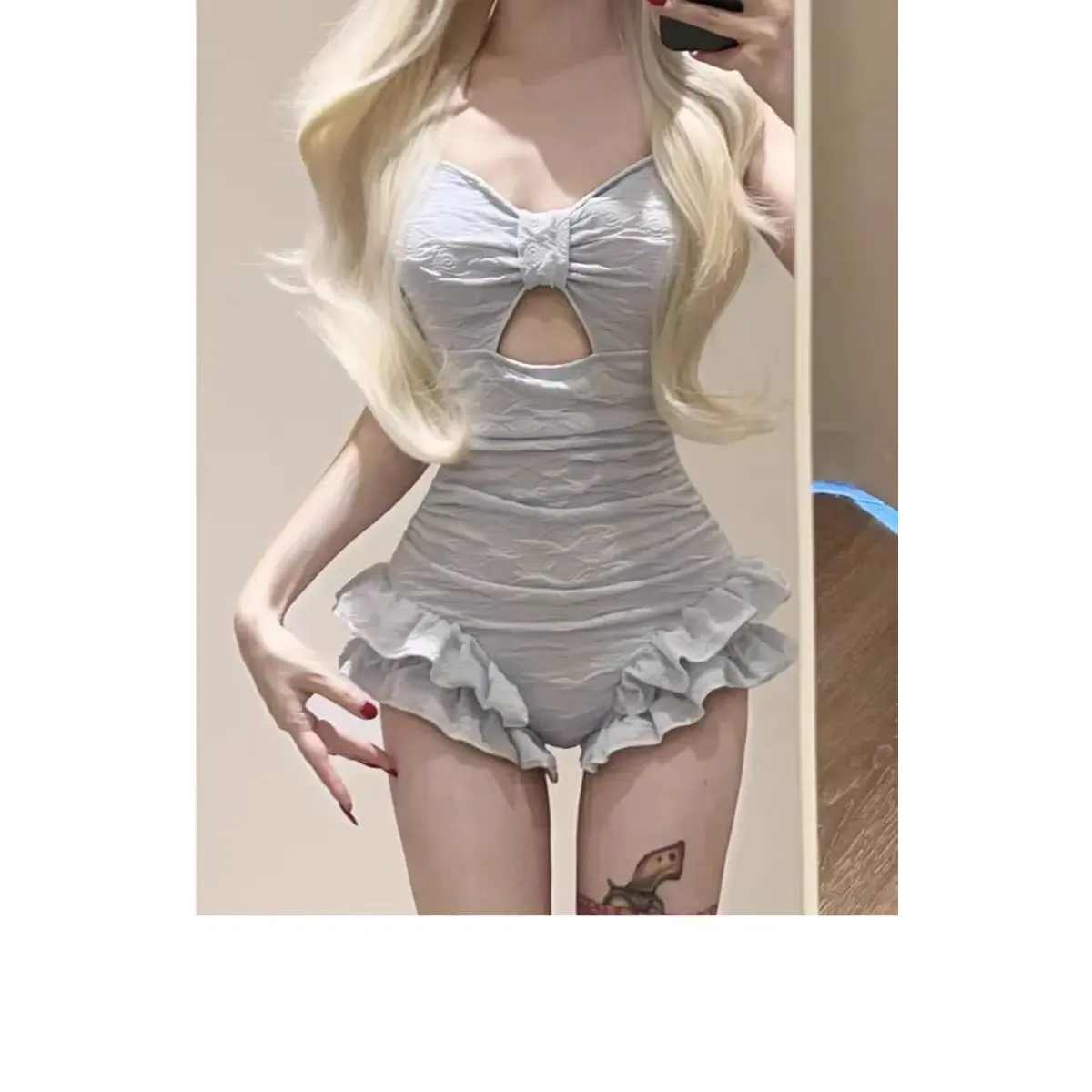 Ruched Ruffle Bodysuit Bikini – Korean Swimsuit Set with Mesh Cover