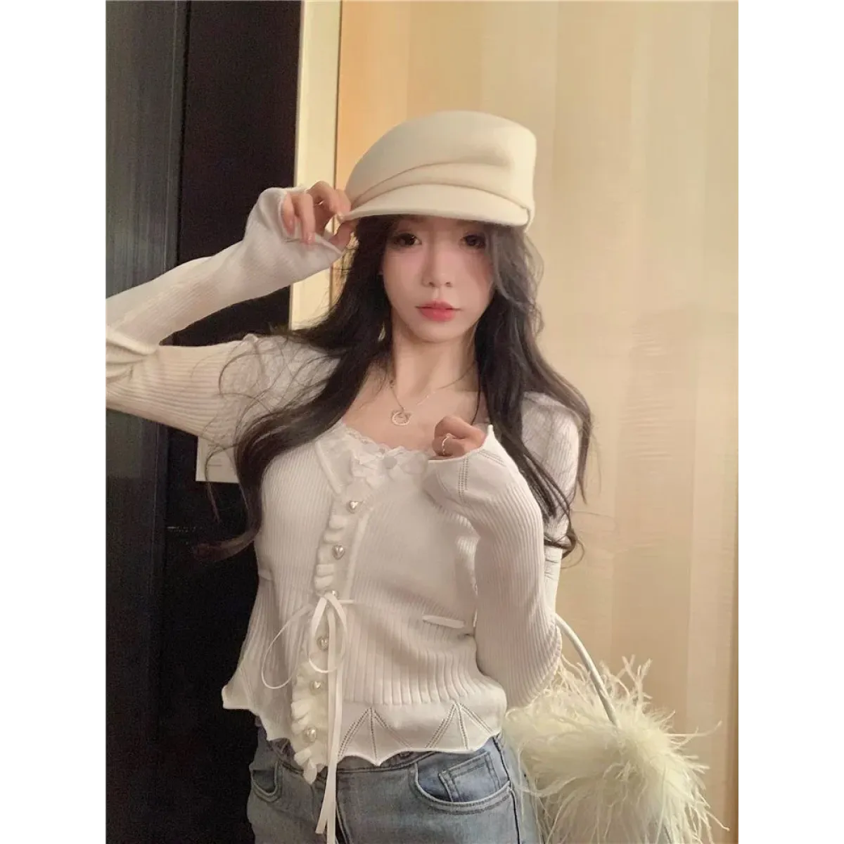 Ruffle Knit Cardigan β Harajuku Lace Trim Slim Fit Sweater