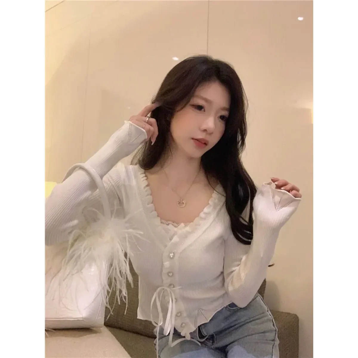 Ruffle Knit Cardigan β Harajuku Lace Trim Slim Fit Sweater