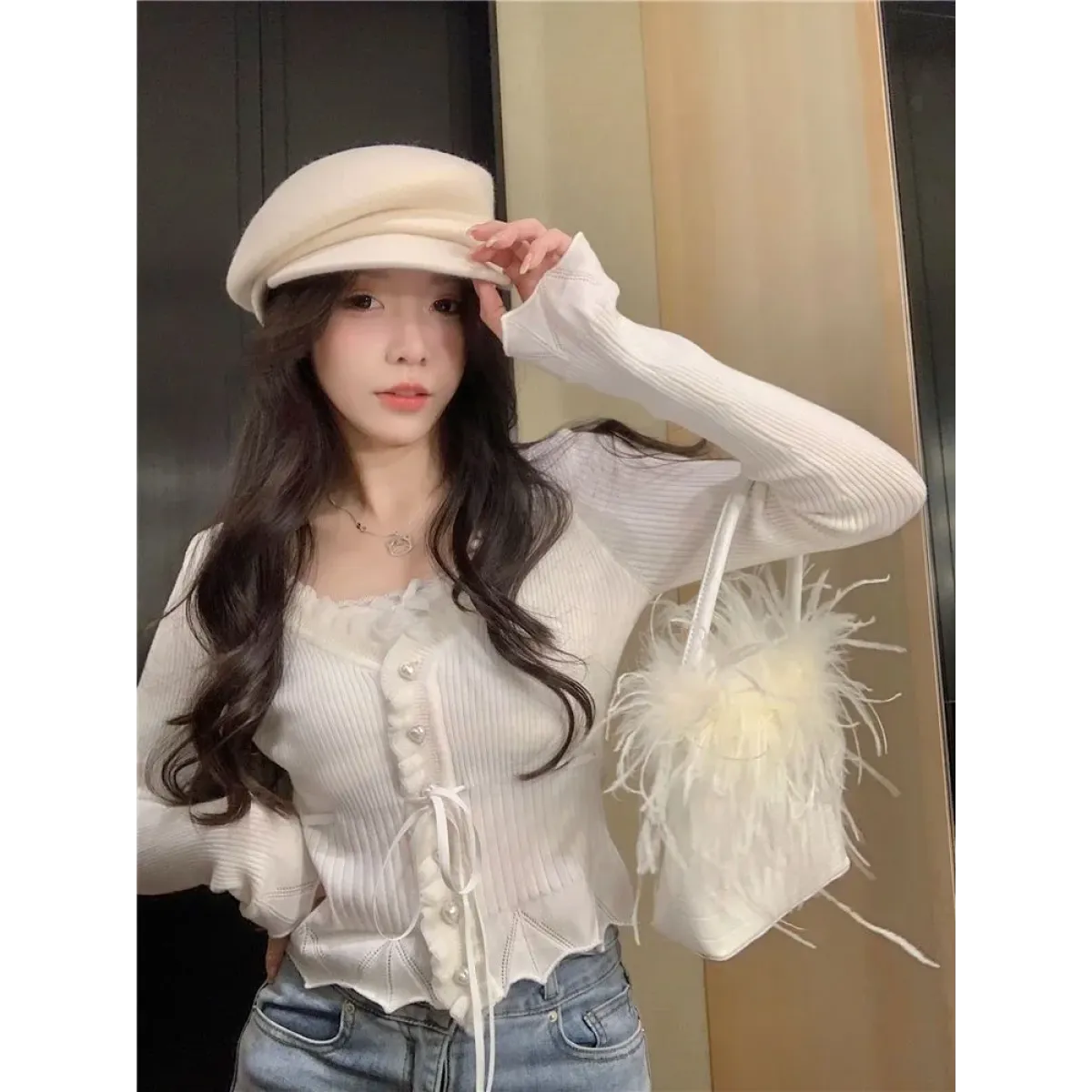 Ruffle Knit Cardigan β Harajuku Lace Trim Slim Fit Sweater