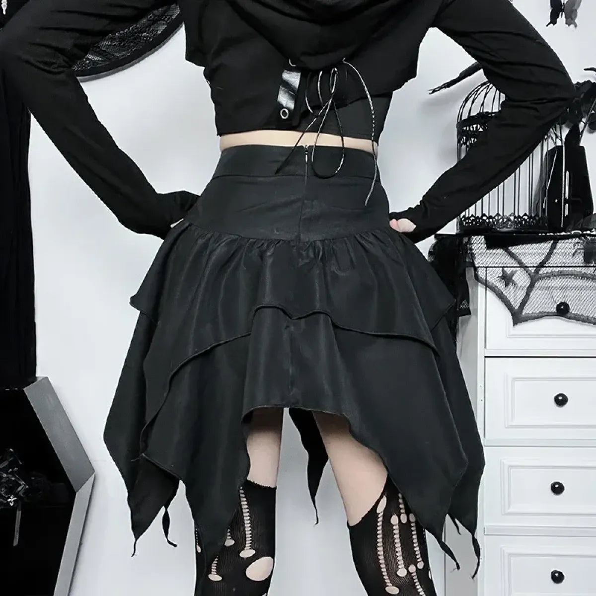 Gothic Punk Ruffle Skirt – Irregular Hem Drawstring Tie-Up Mini Skirt