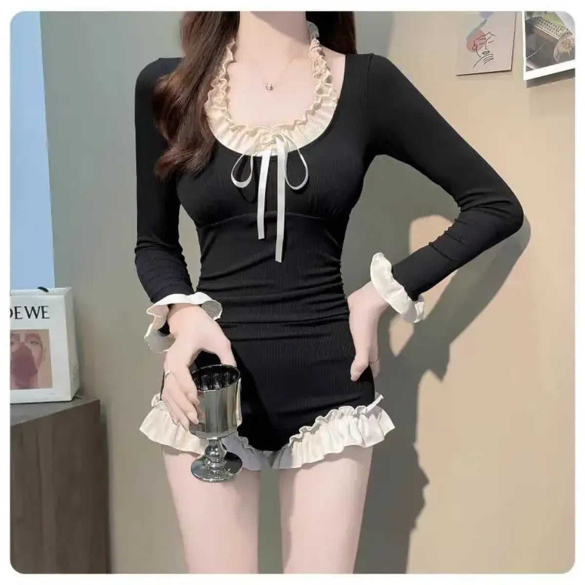 Ruffle Trim Bow Swimsuit – Kawaii Patchwork One Piece Beachwear