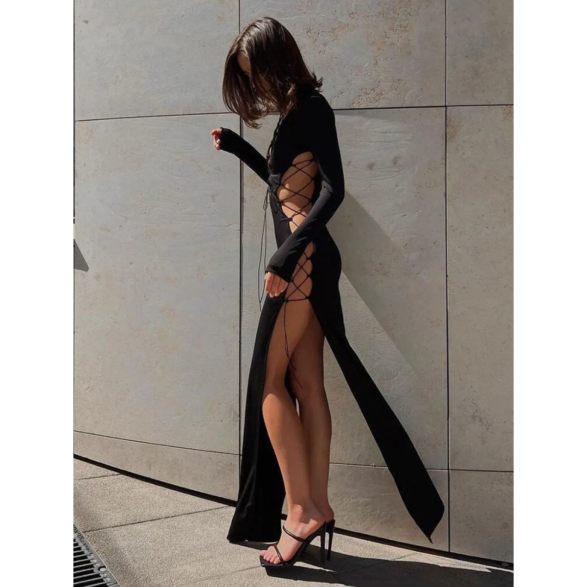 Sexy Lace Up Long Sleeve Dress