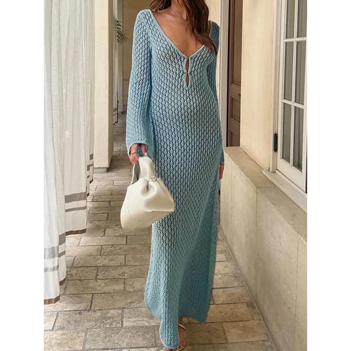 Sexy Women Long Knit Beach Dress Hollow-Out Deep V-Neck Long Sleeve Bikini Cover-Ups Dress Fall Backless Holiday Dress