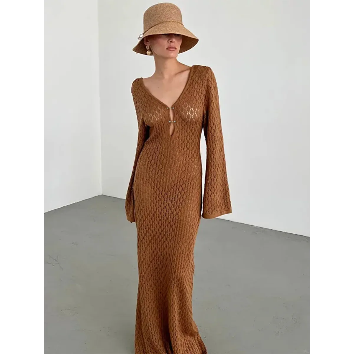 Sexy Women Long Knit Beach Dress Hollow-Out Deep V-Neck Long Sleeve Bikini Cover-Ups Dress Fall Backless Holiday Dress
