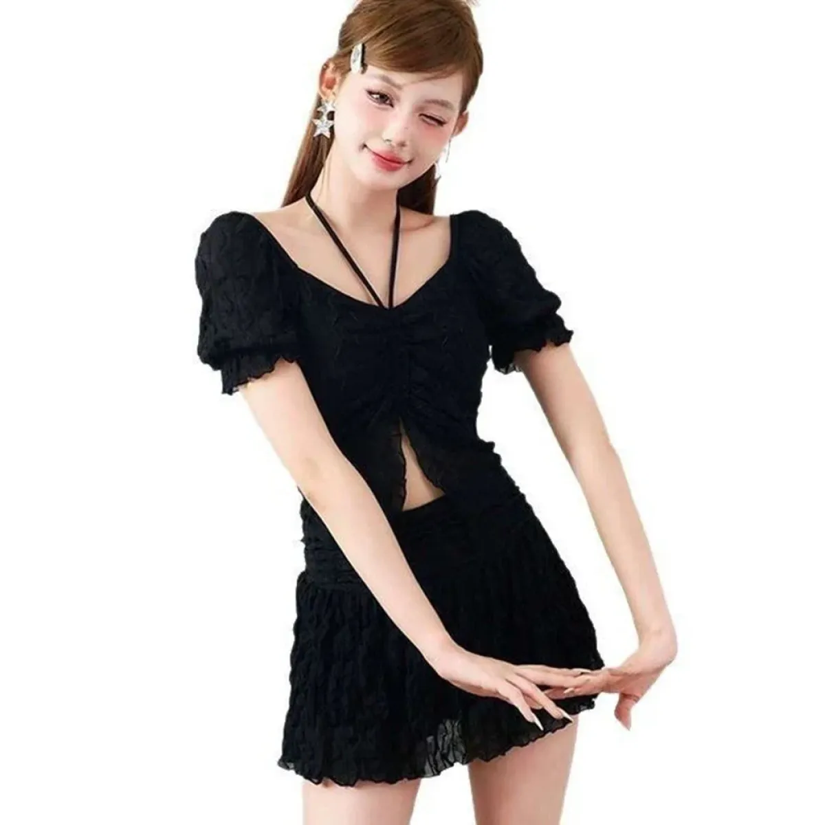 Ruffle Sleeve Bikini Set – Lace Trim Puff Top with Skirt Cover-Up