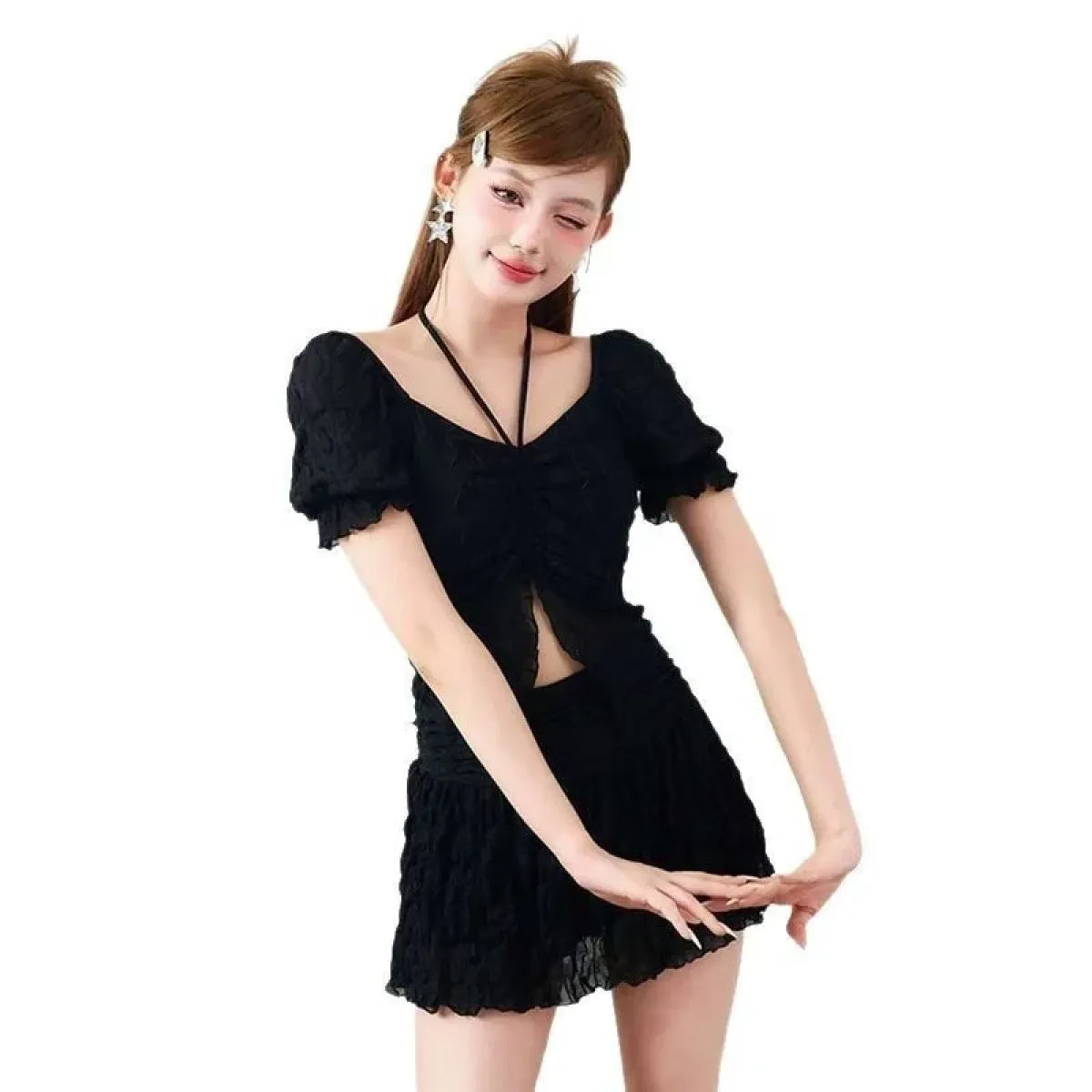 Ruffle Sleeve Bikini Set – Lace Trim Puff Top with Skirt Cover-Up