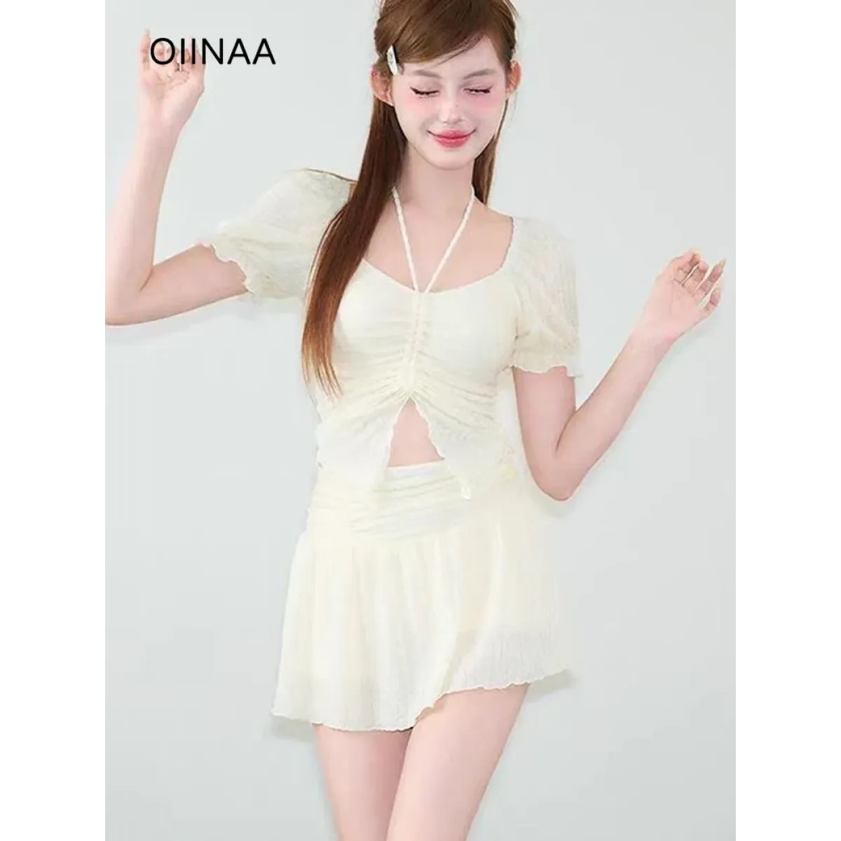 Ruffle Sleeve Bikini Set – Lace Trim Puff Top with Skirt Cover-Up