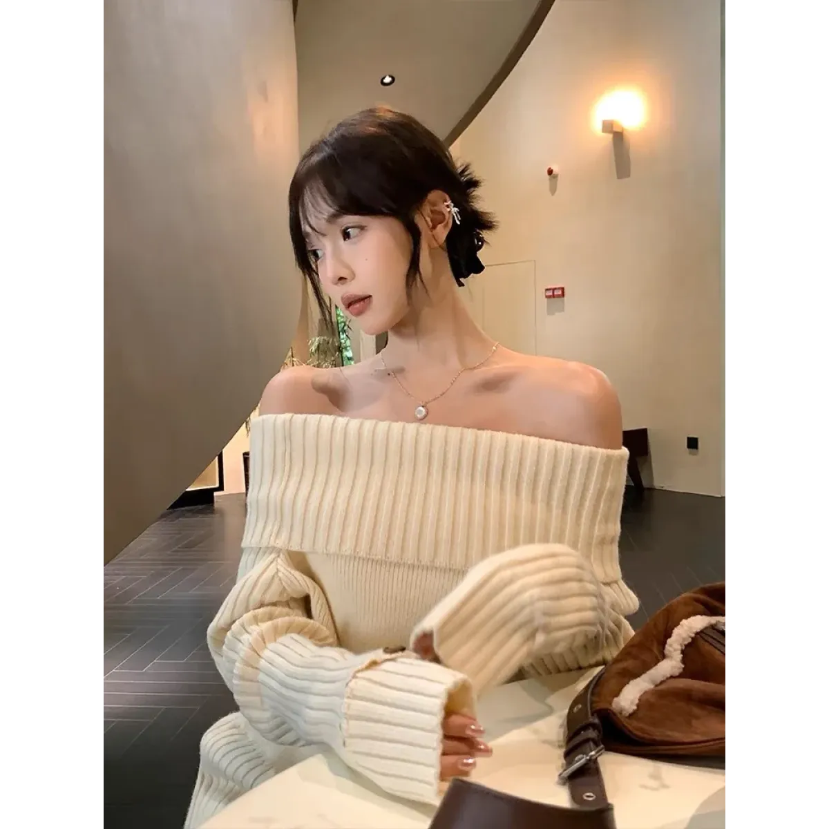 Beige Off Shoulder Knit Sweater – Elegant Harajuku Long Sleeve Pullover
