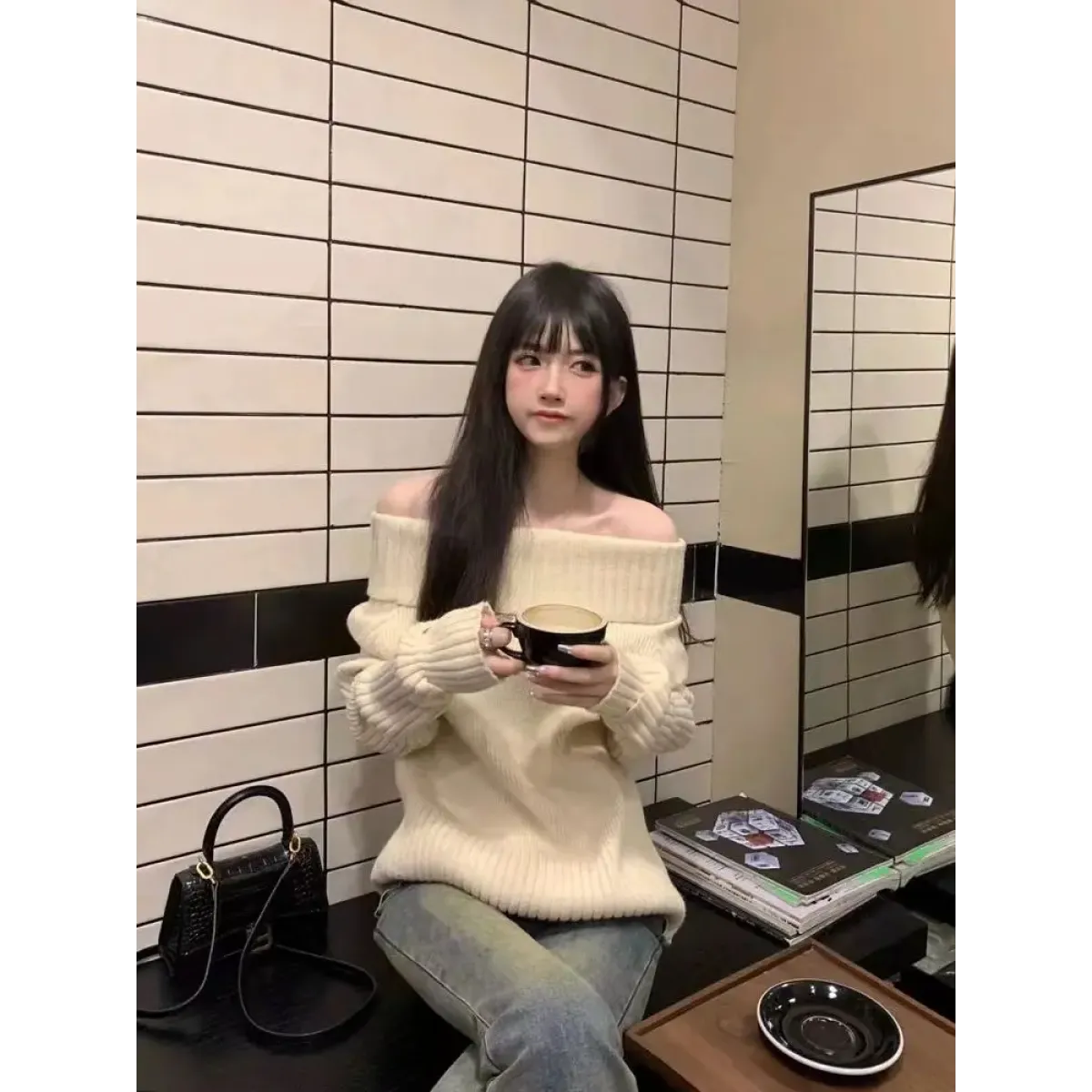Beige Off Shoulder Knit Sweater – Elegant Harajuku Long Sleeve Pullover