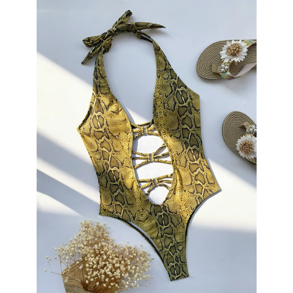 Snake Print Cutout One-Piece – Deep V Thong Swimwear