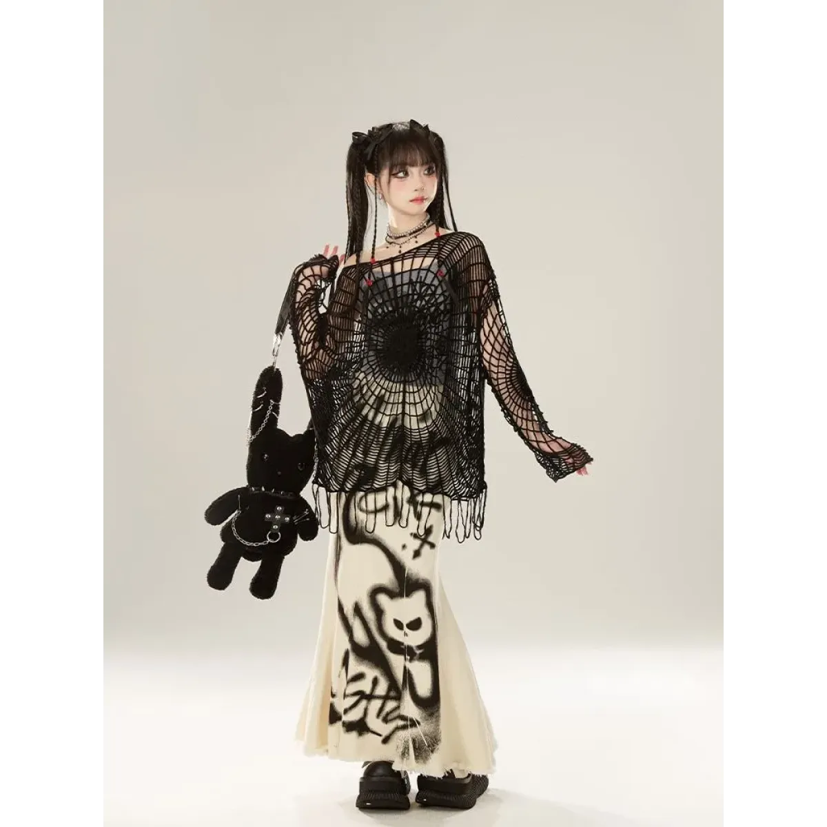 Spider Web Knit Sweater – Y2K Off Shoulder Grunge Pullover