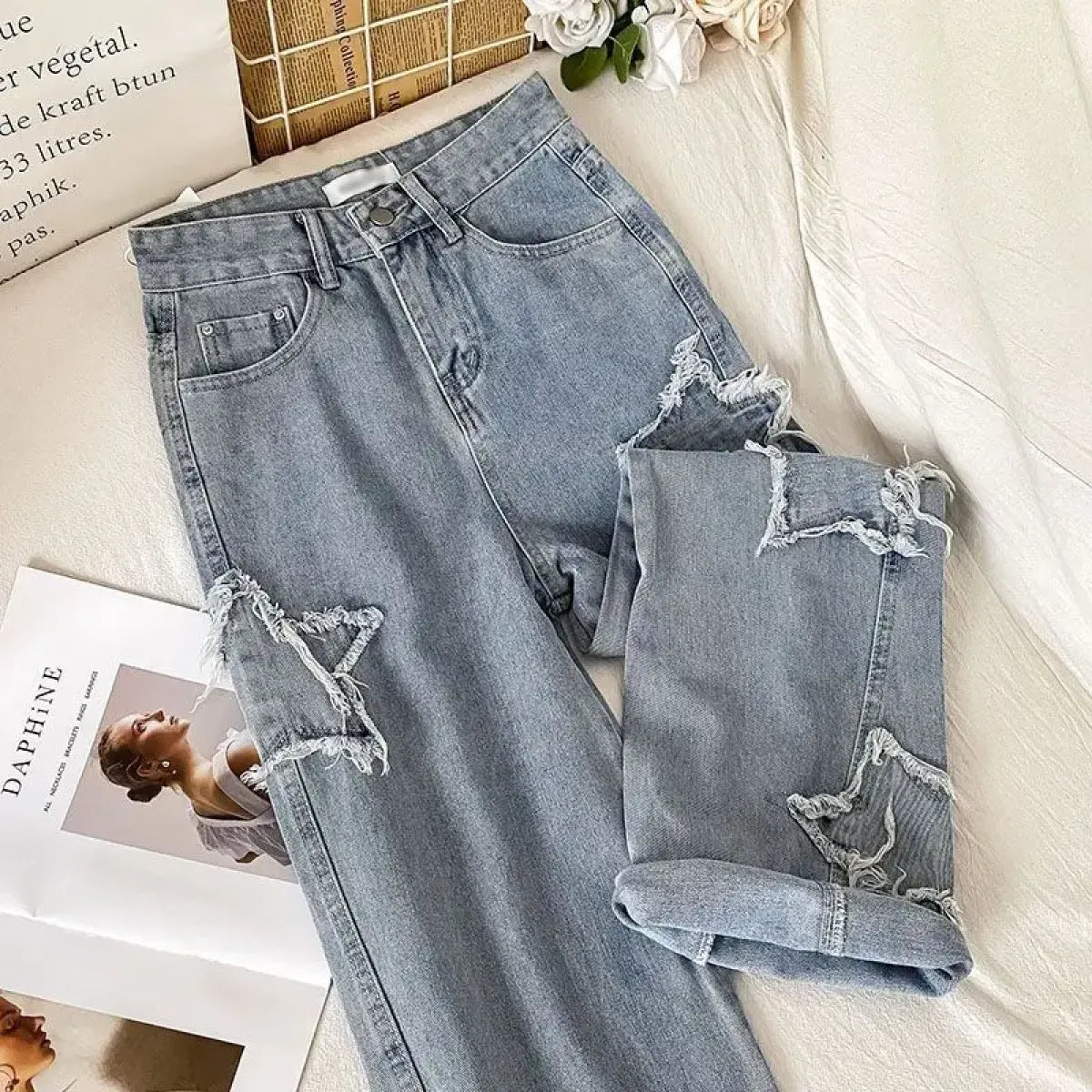 Star Patch Ripped High Waist Straight Leg Jeans – Women's Loose Fit Denim