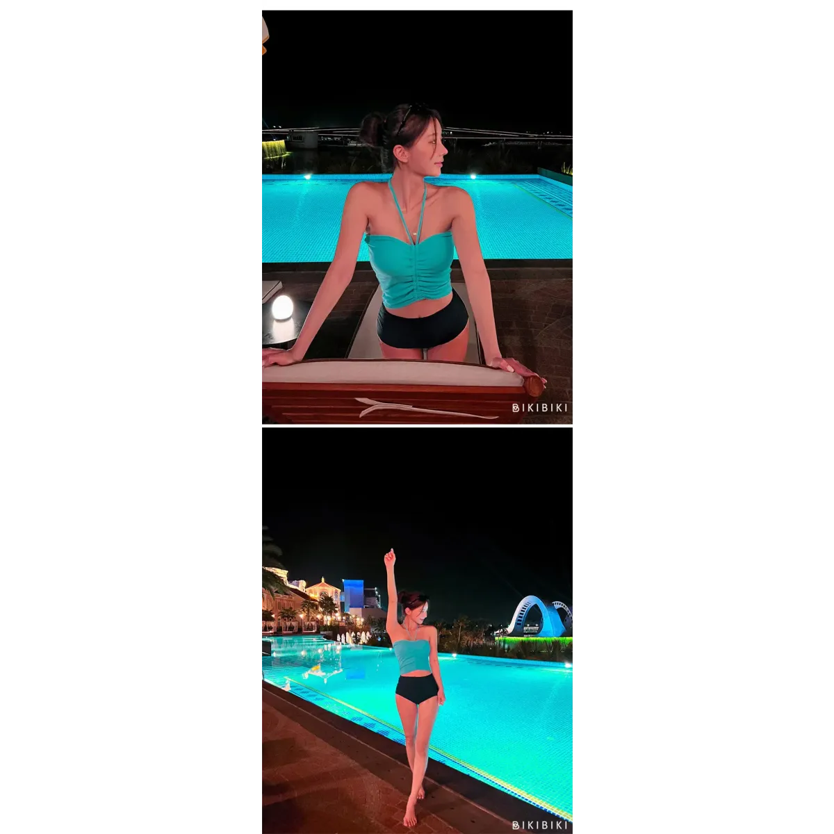 Strapless Bikini Set – High Waisted Black Contrast Lace Up Swimsuit