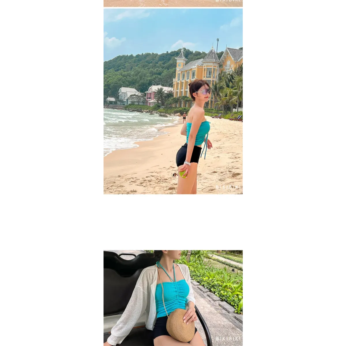 Strapless Bikini Set – High Waisted Black Contrast Lace Up Swimsuit