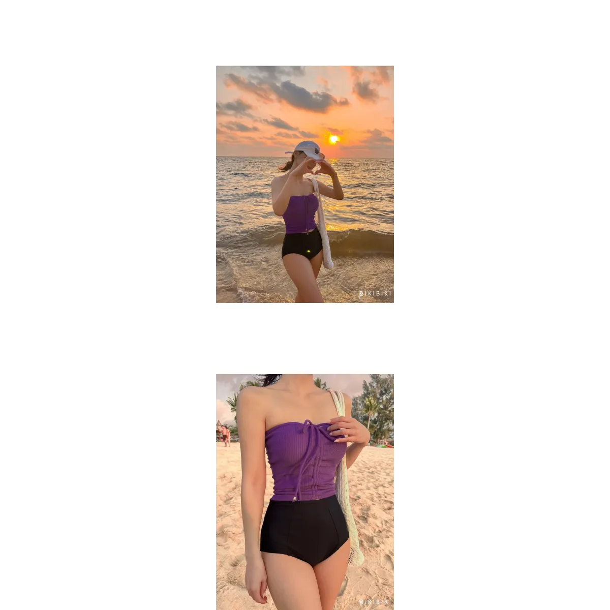 Strapless Bikini Set – High Waisted Black Contrast Lace Up Swimsuit