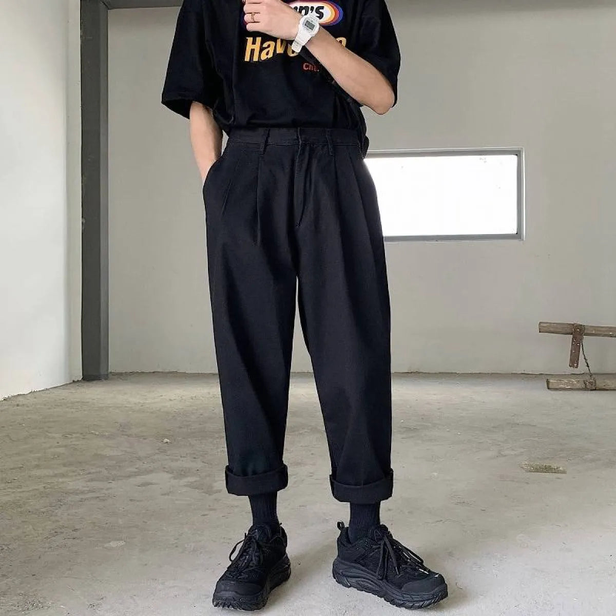 Men's Simple Loose Black Cotton Pants