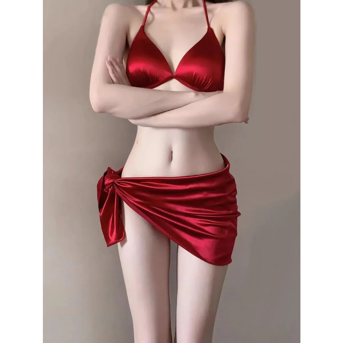 Satin Halter Bikini Set – Korean 3PCS Swimsuit with Skirt