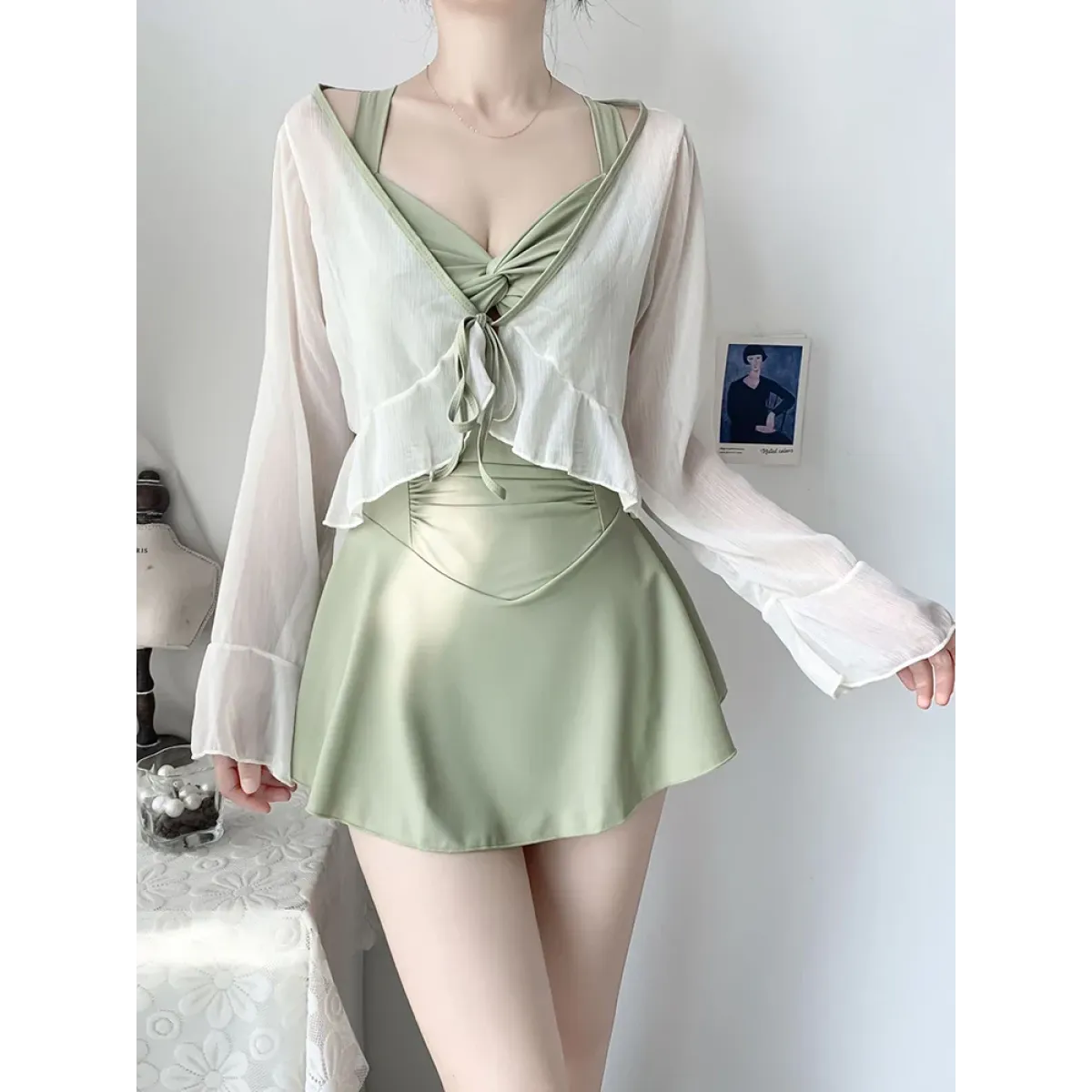 Pleated Cutout Swimsuit Dress – Korean Sexy Summer 2025 Swimwear