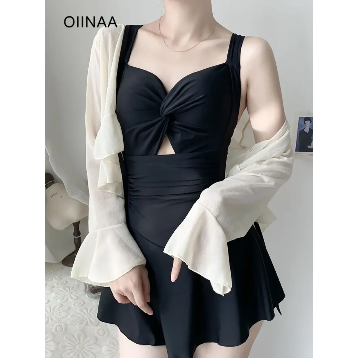 Pleated Cutout Swimsuit Dress – Korean Sexy Summer 2025 Swimwear