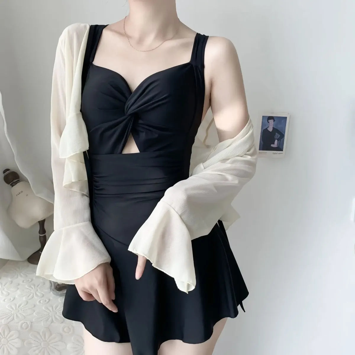 Pleated Cutout Swimsuit Dress – Korean Sexy Summer 2025 Swimwear