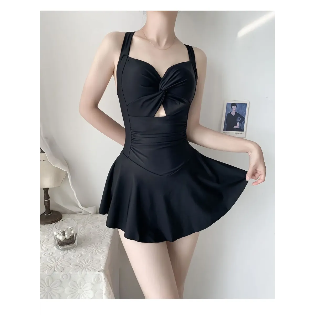 Pleated Cutout Swimsuit Dress – Korean Sexy Summer 2025 Swimwear